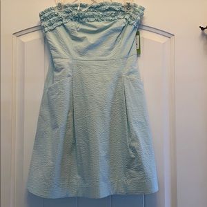 Strapless blue seersucker dress